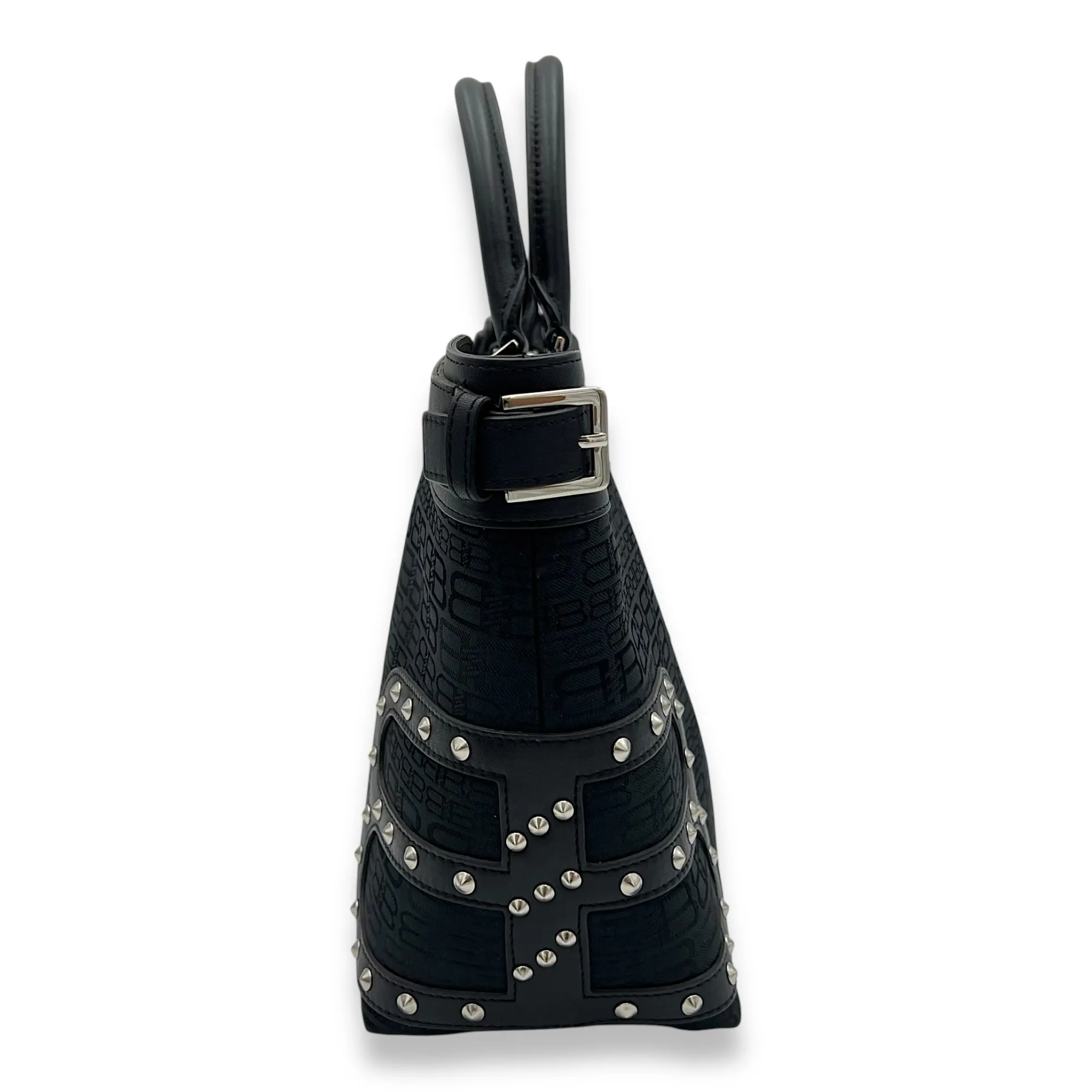 Logo Monogram Black Top Handle Bag in Canvas, Silver hardware