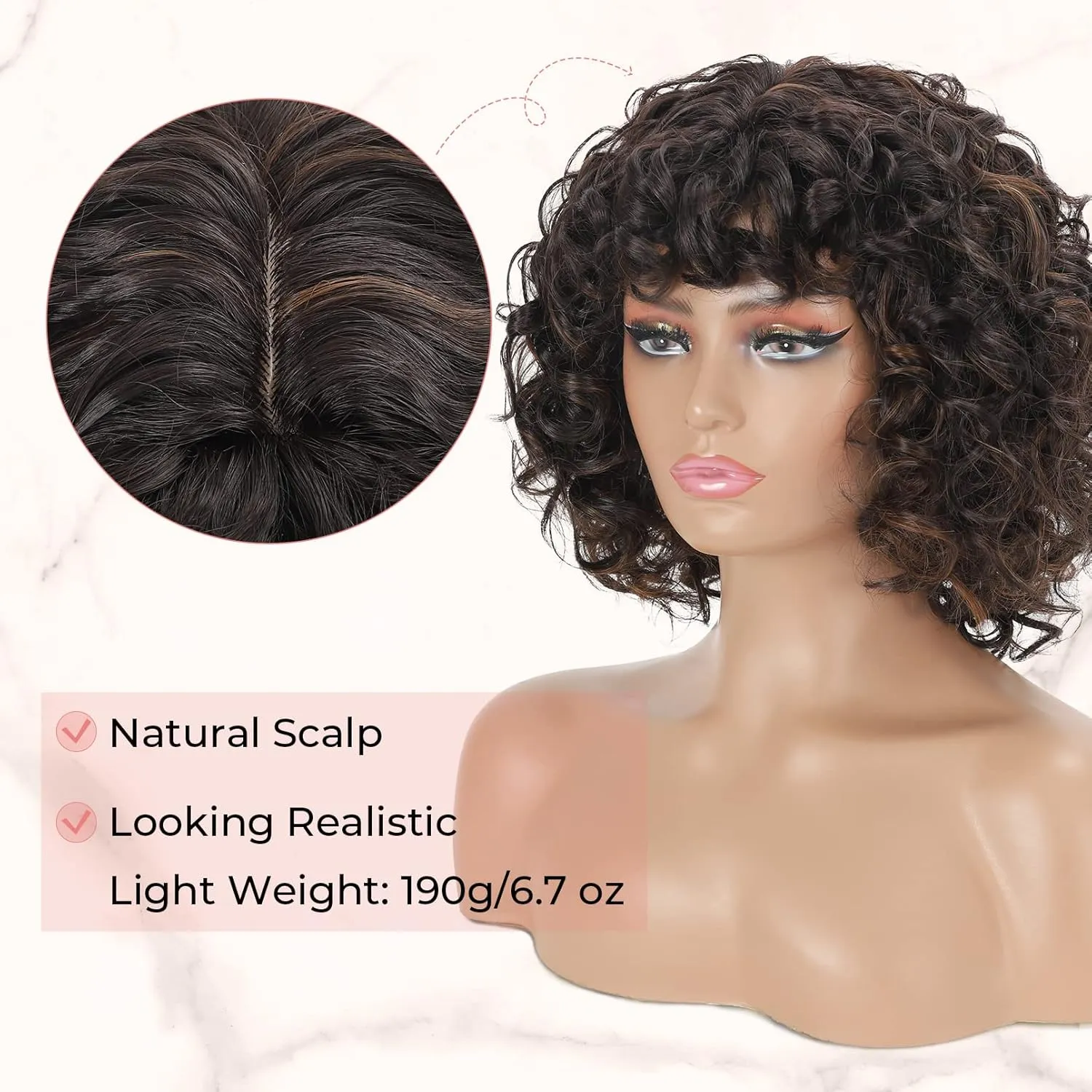 LONAI Short Curly Wig with Bangs for Women Brown Wigs with Bangs WIG006 Curly Synthetic Wig for Daily Use Party Cosplay-Black Brown mixed Blonde