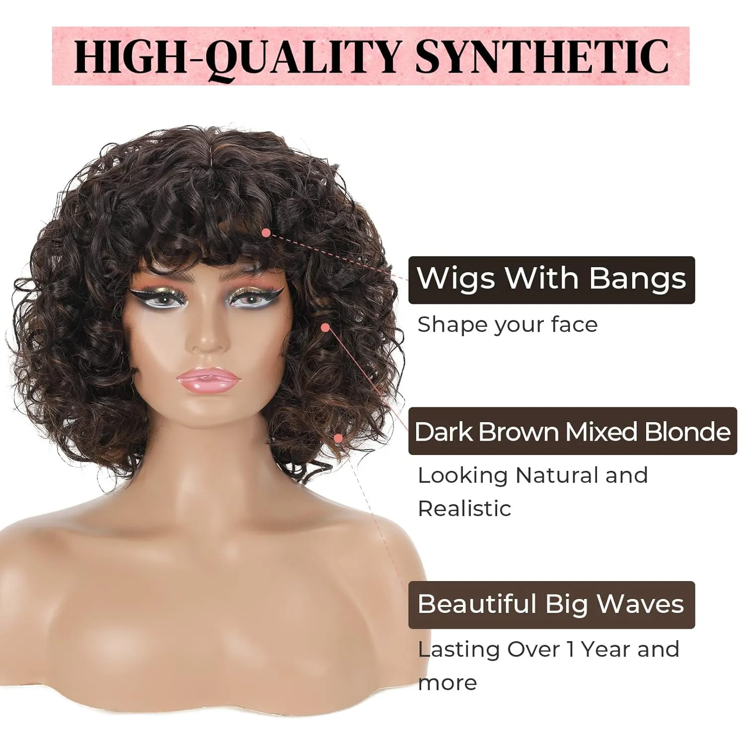 LONAI Short Curly Wig with Bangs for Women Brown Wigs with Bangs WIG006 Curly Synthetic Wig for Daily Use Party Cosplay-Black Brown mixed Blonde