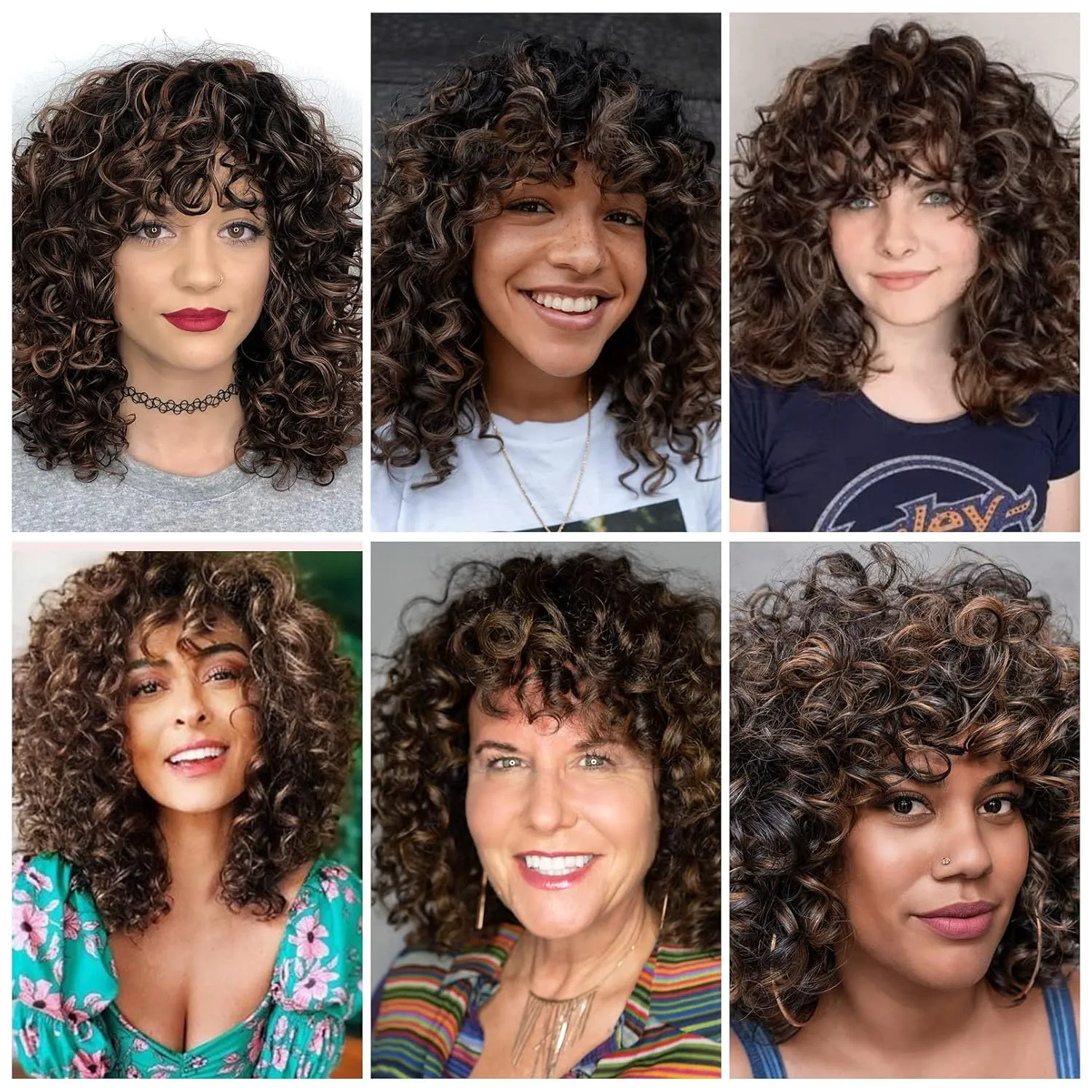 LONAI Short Curly Wig with Bangs for Women Brown Wigs with Bangs WIG006 Curly Synthetic Wig for Daily Use Party Cosplay-Black Brown mixed Blonde