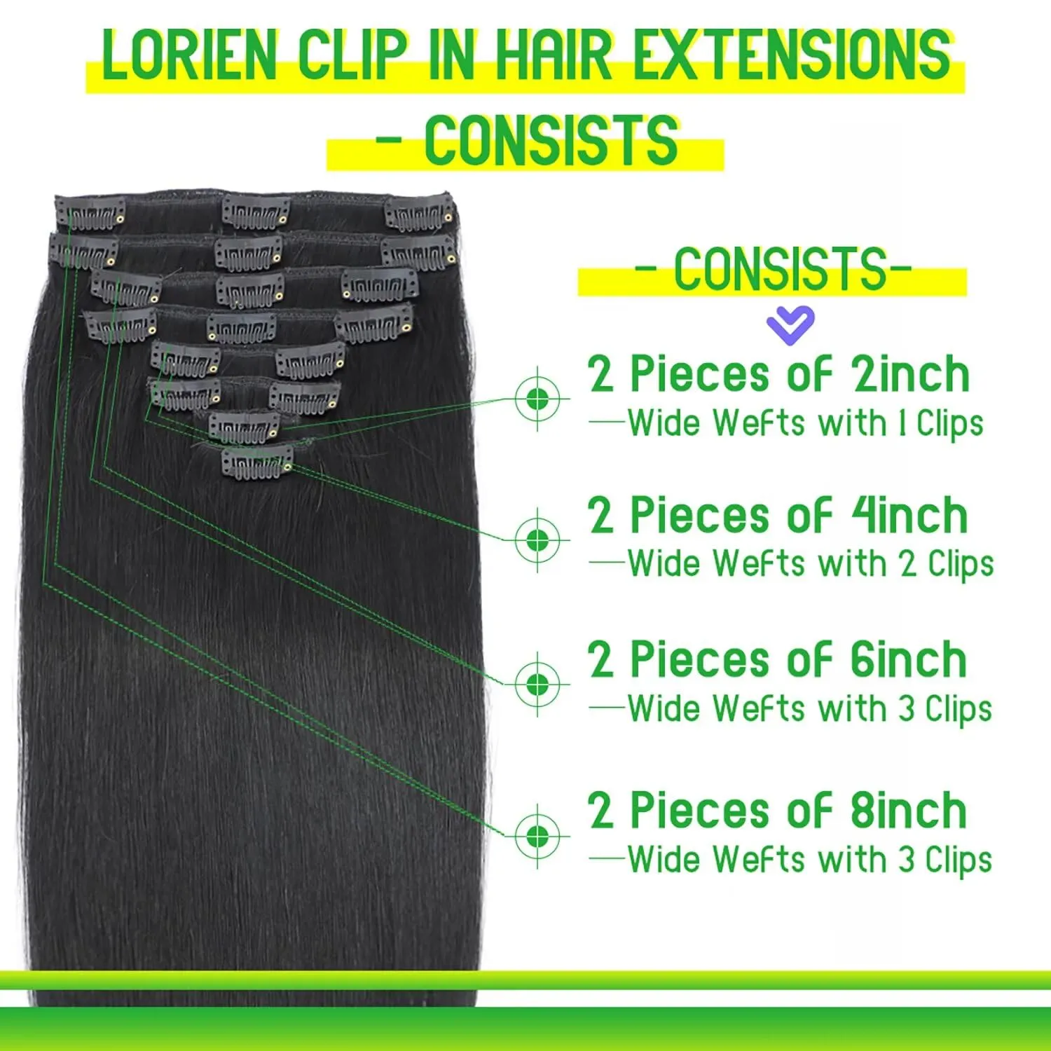 LORIEN Clip in Hair Extensions Real Human Hair, 14 Inch 80g, 1 Jet Black, Clip in 100% Brazilian Remy Human Hair Extensions 8pcs Per Set with 18 Clips Double Weft