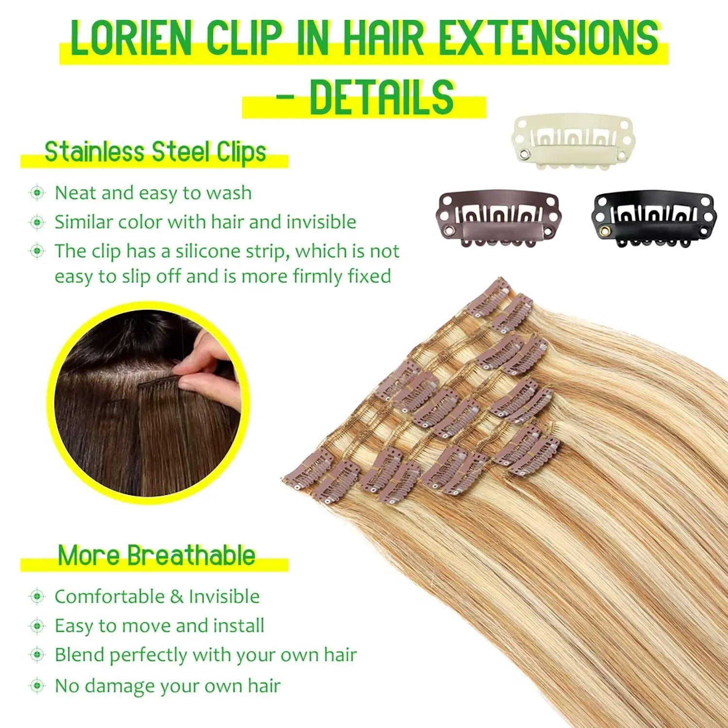 LORIEN Clip in Hair Extensions Real Human Hair, 18 Inch 100g,18/613 Dark Blonde Highlighted Bleach Blonde, Clip in 100% Brazilian Remy Human Hair Extensions 8pcs Per Set with 18 Clips Double Weft