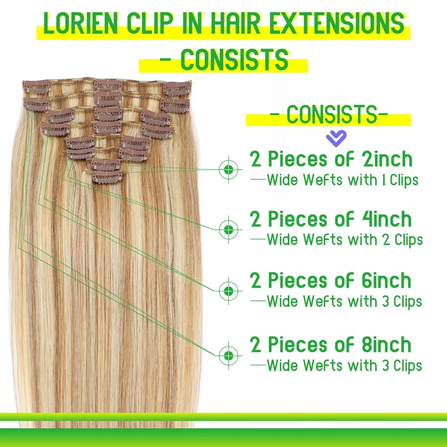 LORIEN Clip in Hair Extensions Real Human Hair, 18 Inch 100g,18/613 Dark Blonde Highlighted Bleach Blonde, Clip in 100% Brazilian Remy Human Hair Extensions 8pcs Per Set with 18 Clips Double Weft