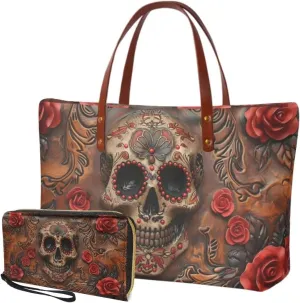 Lotusorchid 2 Pcs Hand bags Purses, Women Top Handle Bag Satchel Shoulder Bag, Large Tote Handbag with PU Wallet