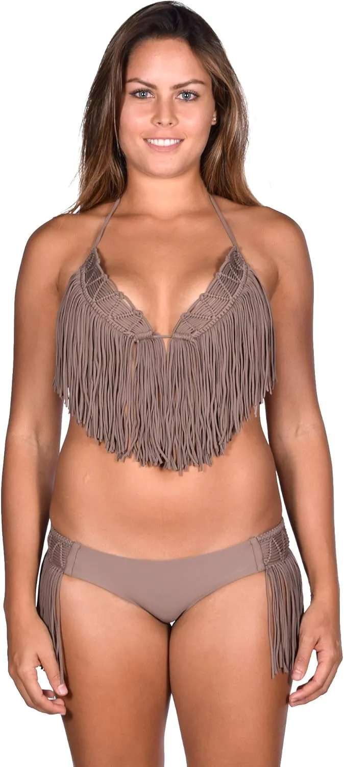 Luli Fama Women's Heart of A Hippie Weave Fringed Triangle Bikini Top