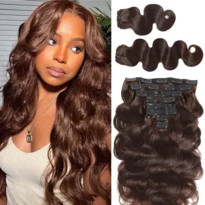LUMIERE Dark Brown Clip In Hair Extensions, 120g Human Hair Clip In Extensions Seamless Body Wave Clip Ins For Black Women 8Pcs/set With 20clips Double Wefts Dark Brown Color#2 14 Inch