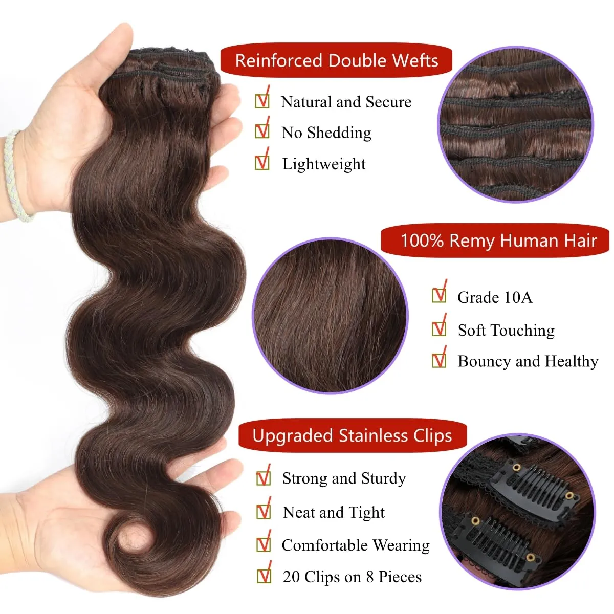 LUMIERE Dark Brown Clip In Hair Extensions, 120g Human Hair Clip In Extensions Seamless Body Wave Clip Ins For Black Women 8Pcs/set With 20clips Double Wefts Dark Brown Color#2 14 Inch