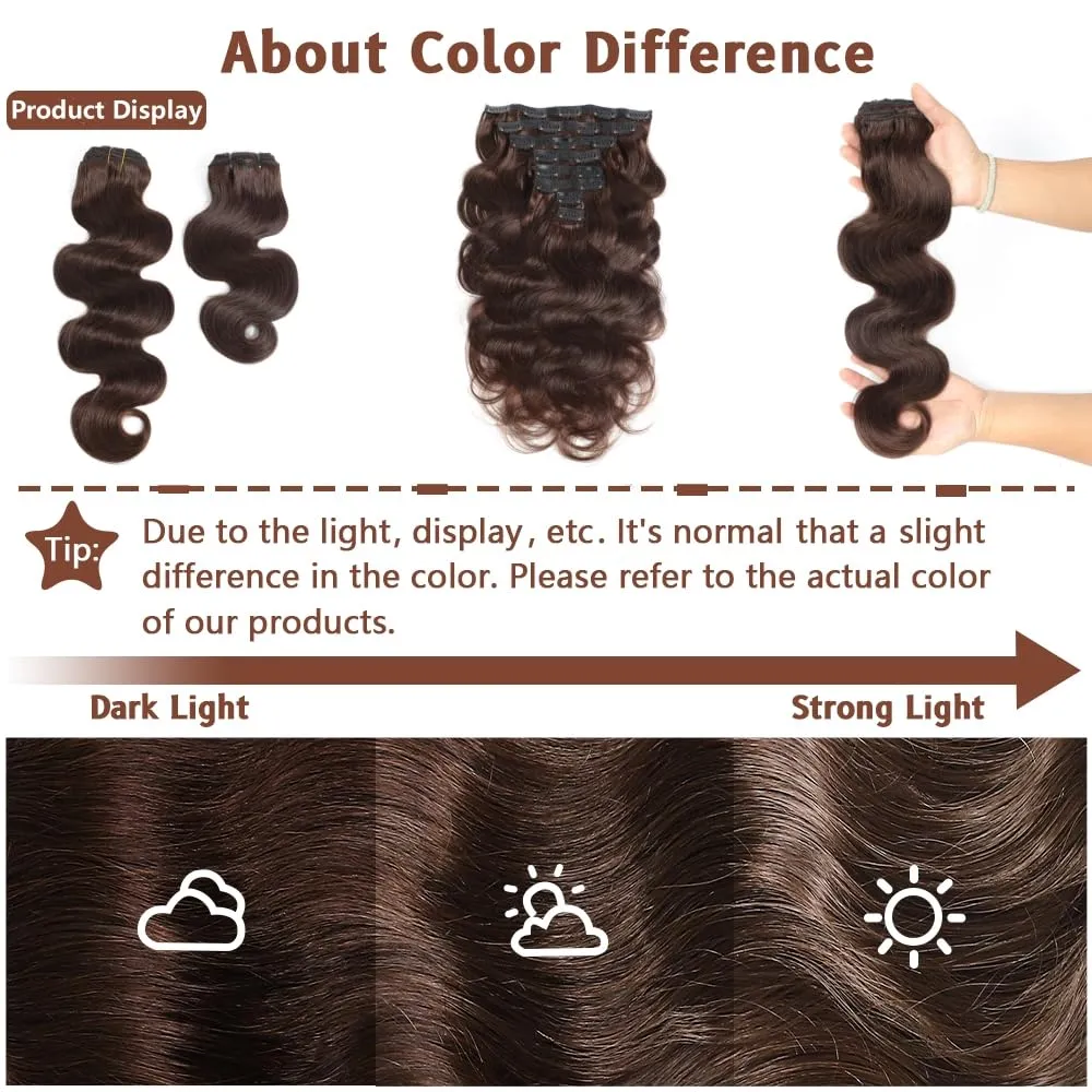 LUMIERE Dark Brown Clip In Hair Extensions, 120g Human Hair Clip In Extensions Seamless Body Wave Clip Ins For Black Women 8Pcs/set With 20clips Double Wefts Dark Brown Color#2 14 Inch