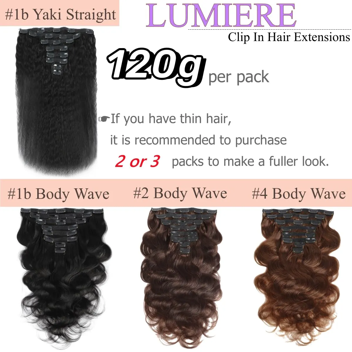 LUMIERE Dark Brown Clip In Hair Extensions, 120g Human Hair Clip In Extensions Seamless Body Wave Clip Ins For Black Women 8Pcs/set With 20clips Double Wefts Dark Brown Color#2 14 Inch