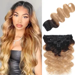 LUMIERE Seamless Clip In Hair Extensions Human Hair, 1B/4/27 Body Wave Seamless Human Hair Clip In Extensions Real Balayage Hair Extensions 120g 8pcs Per Set 22 Inch