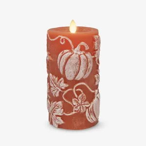 Luminara Embossed Leaves and Pumpkins Moving Flame Pillar Candle 3.25" x 6.5" with Recessed Edge Unscented Real Wax LED Battery Operated Candle Lights