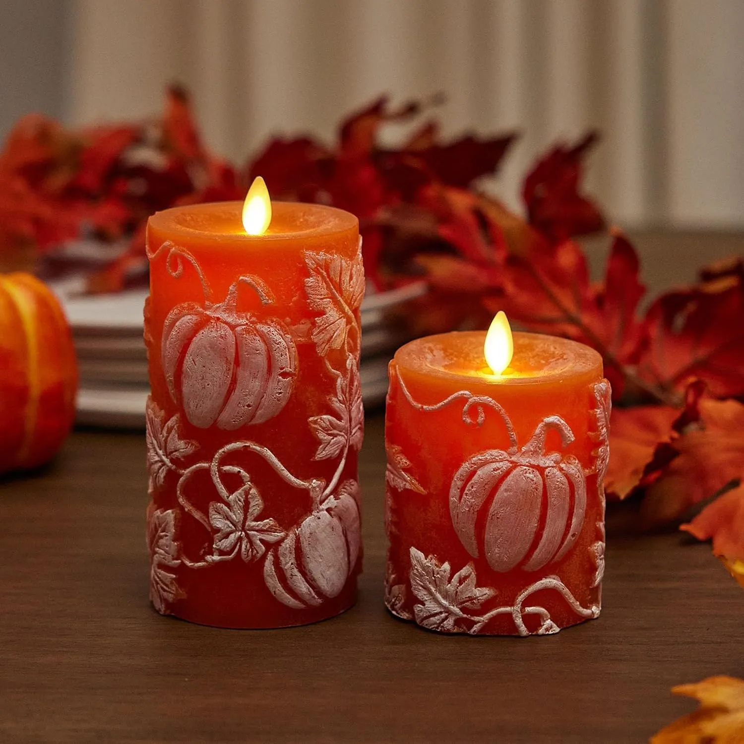 Luminara Embossed Leaves and Pumpkins Moving Flame Pillar Candle 3.25" x 6.5" with Recessed Edge Unscented Real Wax LED Battery Operated Candle Lights