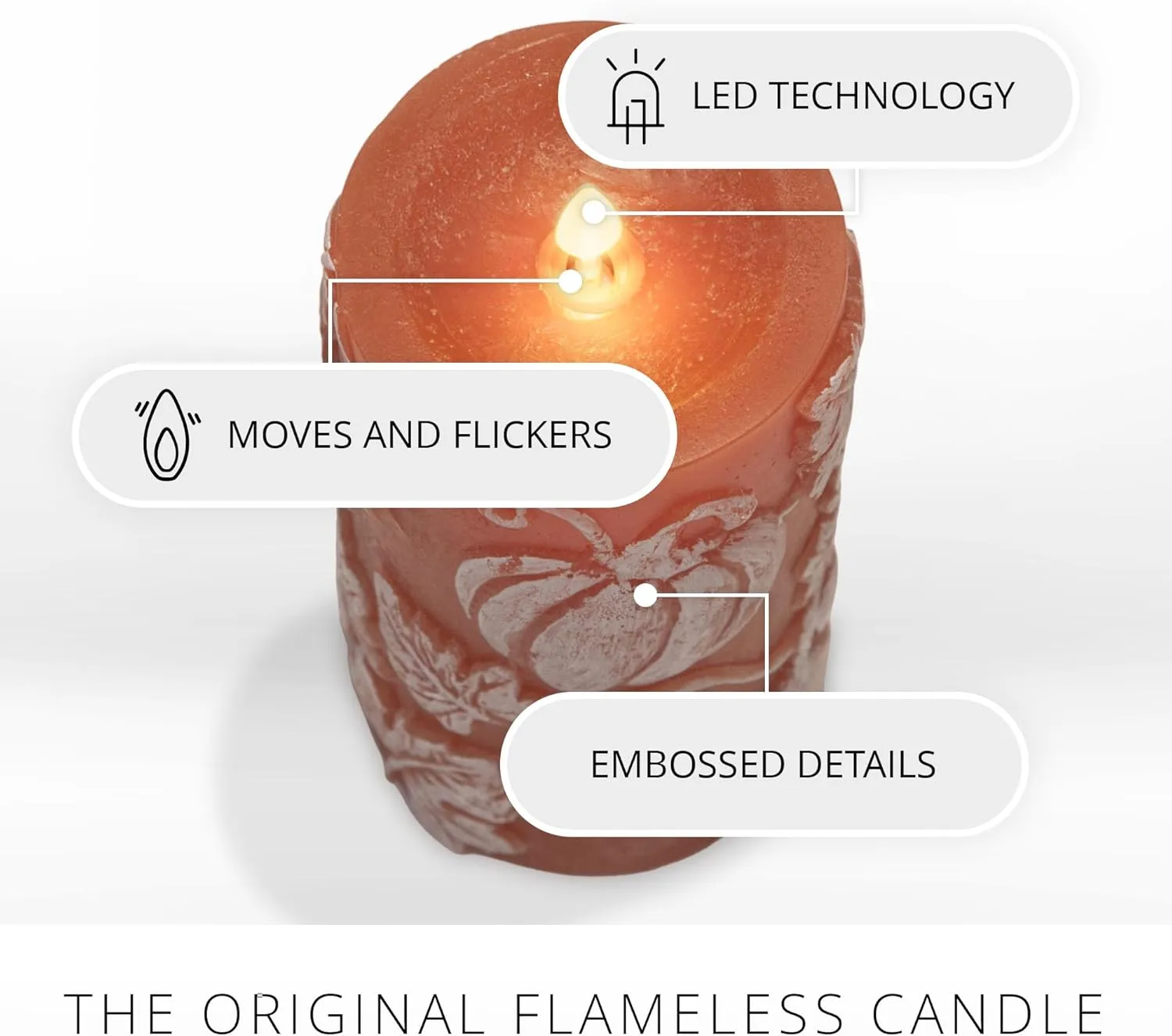 Luminara Embossed Leaves and Pumpkins Moving Flame Pillar Candle 3.25" x 6.5" with Recessed Edge Unscented Real Wax LED Battery Operated Candle Lights