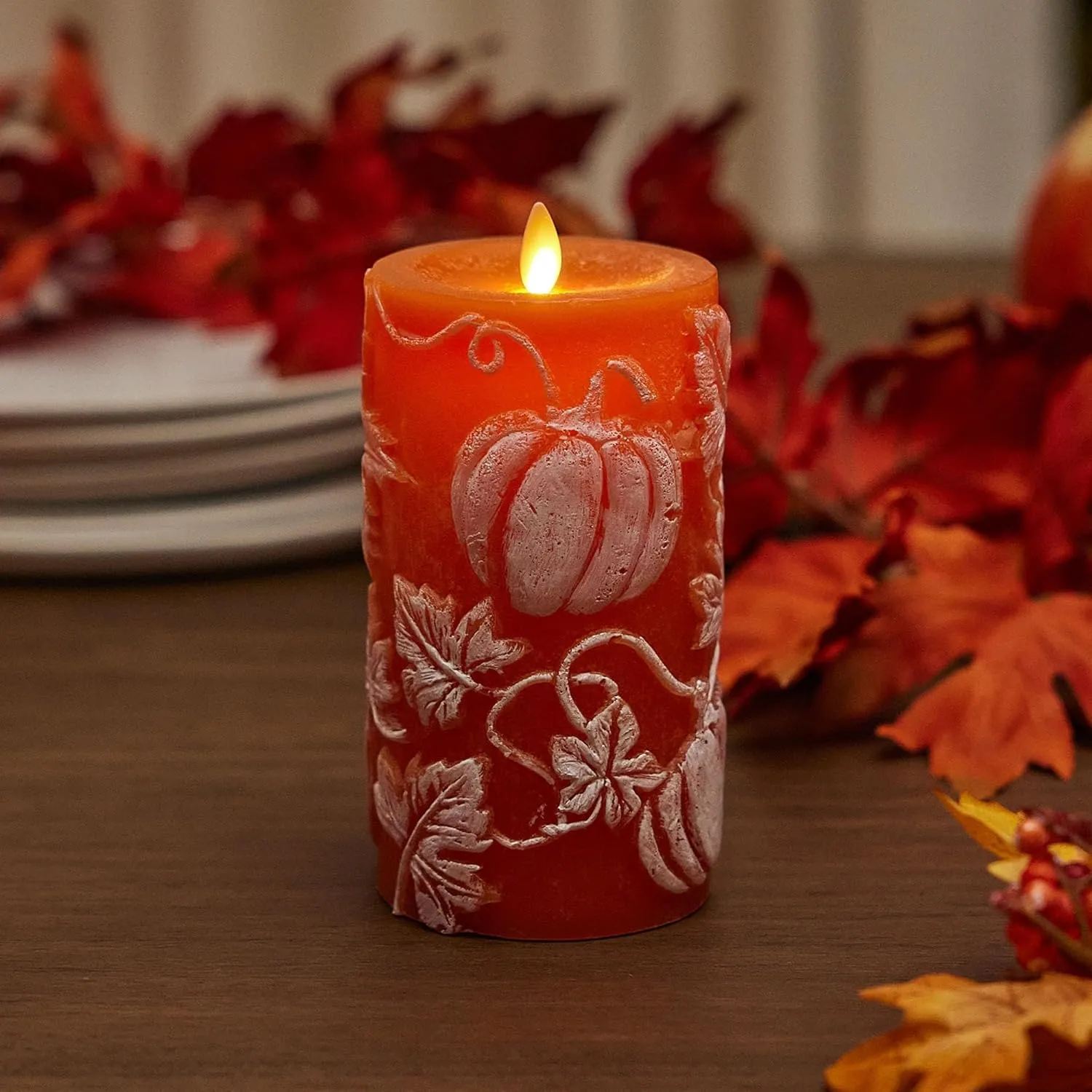 Luminara Embossed Leaves and Pumpkins Moving Flame Pillar Candle 3.25" x 6.5" with Recessed Edge Unscented Real Wax LED Battery Operated Candle Lights