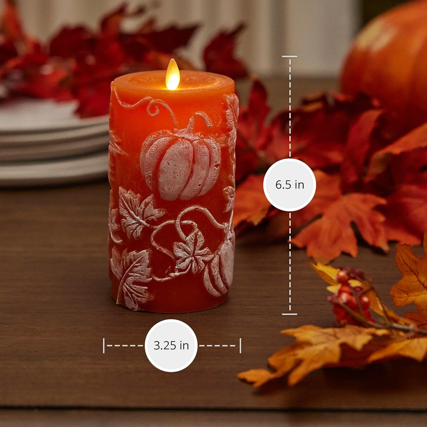 Luminara Embossed Leaves and Pumpkins Moving Flame Pillar Candle 3.25" x 6.5" with Recessed Edge Unscented Real Wax LED Battery Operated Candle Lights