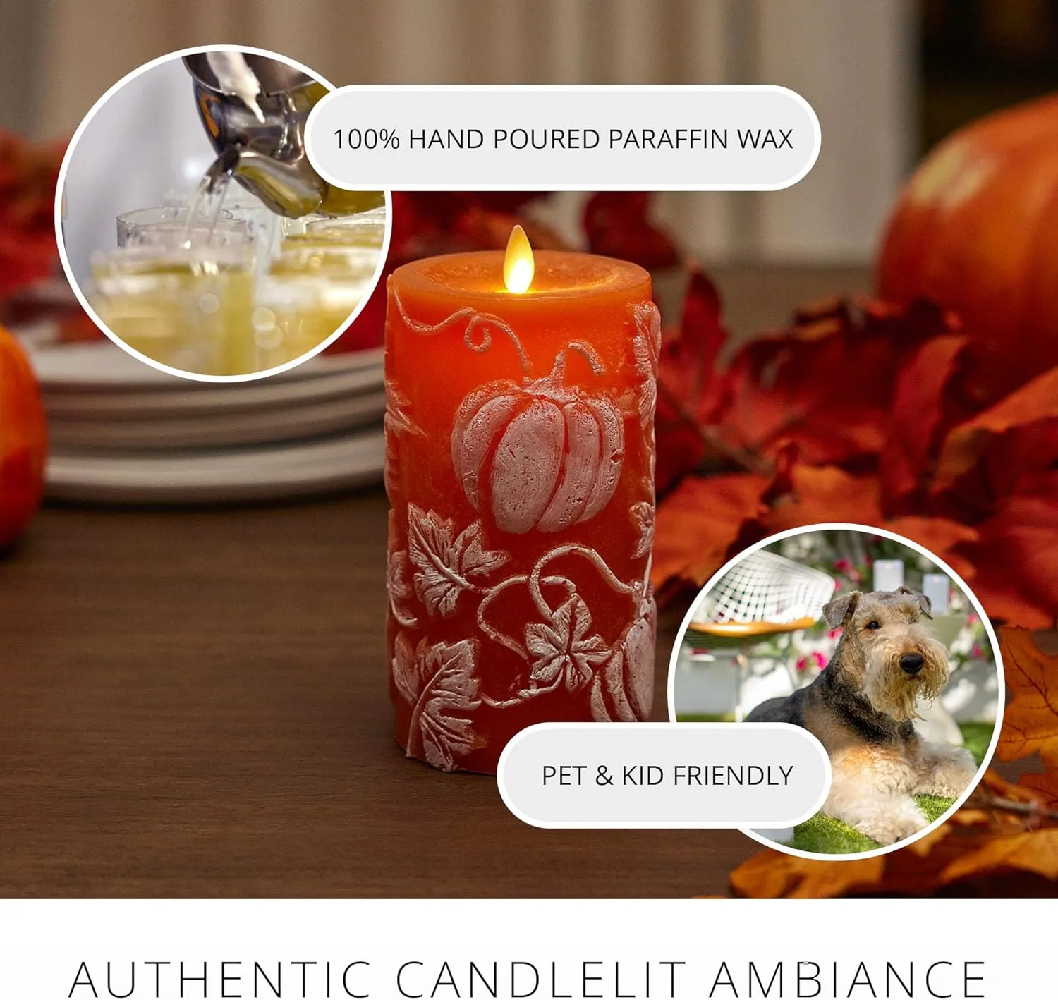 Luminara Embossed Leaves and Pumpkins Moving Flame Pillar Candle 3.25" x 6.5" with Recessed Edge Unscented Real Wax LED Battery Operated Candle Lights
