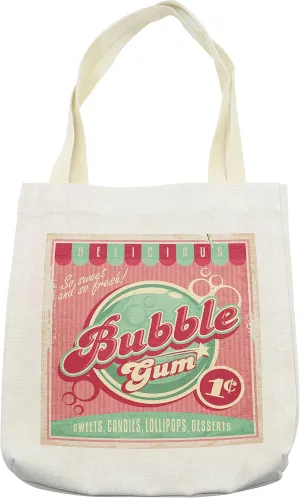 Lunarable 1950s Tote Bag, Bubble Gum Tasty Candy Lollipop Sugar Advertise Poster Style Print, Cloth Linen Reusable Bag for Shopping Books Beach and More, 16.5" X 14", Pink Green