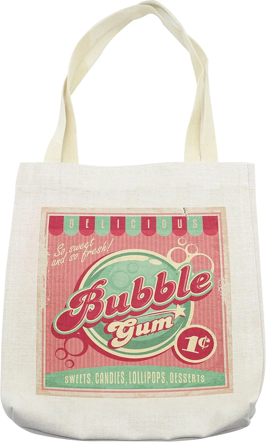 Lunarable 1950s Tote Bag, Bubble Gum Tasty Candy Lollipop Sugar Advertise Poster Style Print, Cloth Linen Reusable Bag for Shopping Books Beach and More, 16.5" X 14", Pink Green