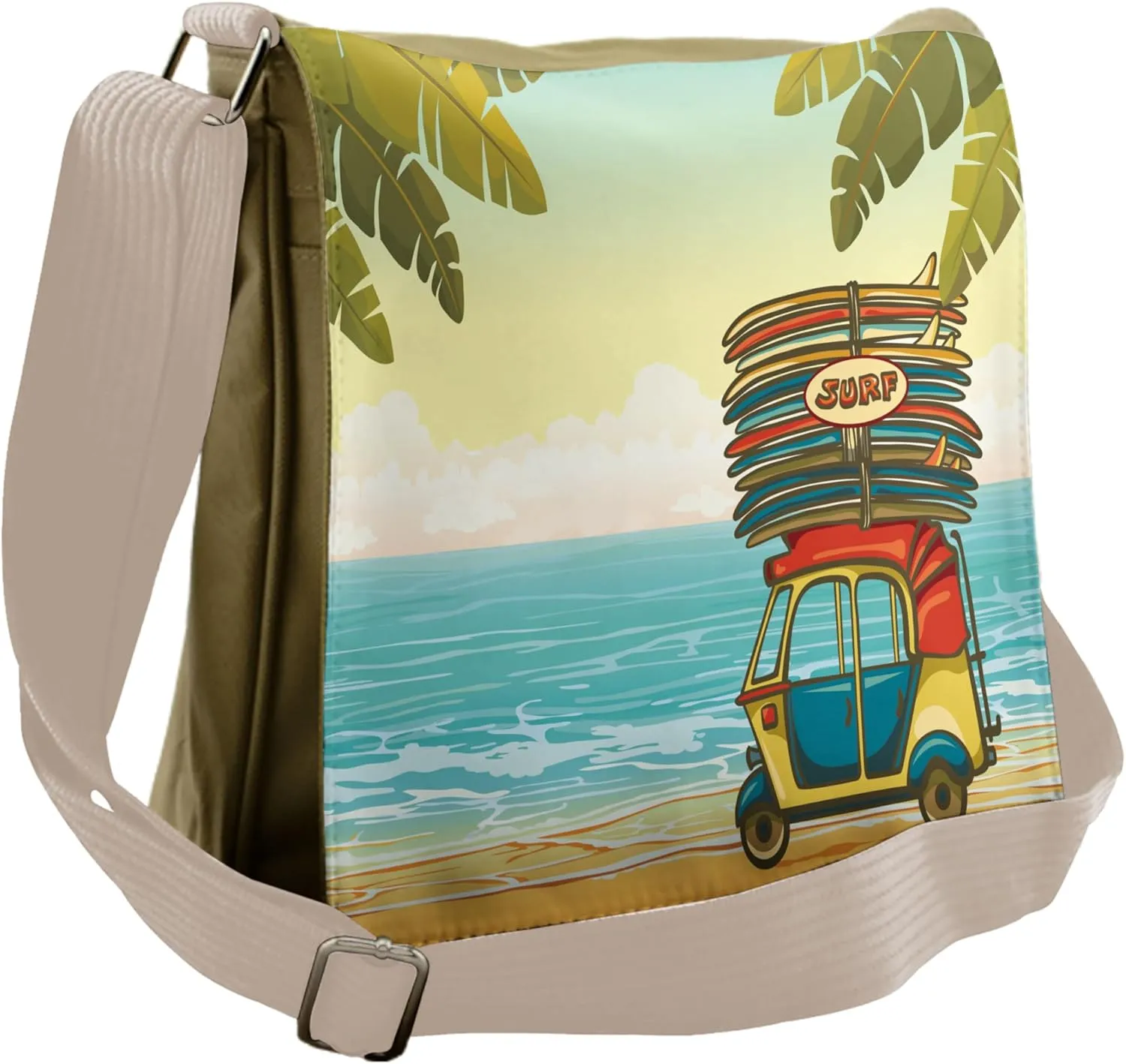 Lunarable Beach Messenger Bag, Rickshaw Carrying Surfboards, Unisex Cross-body