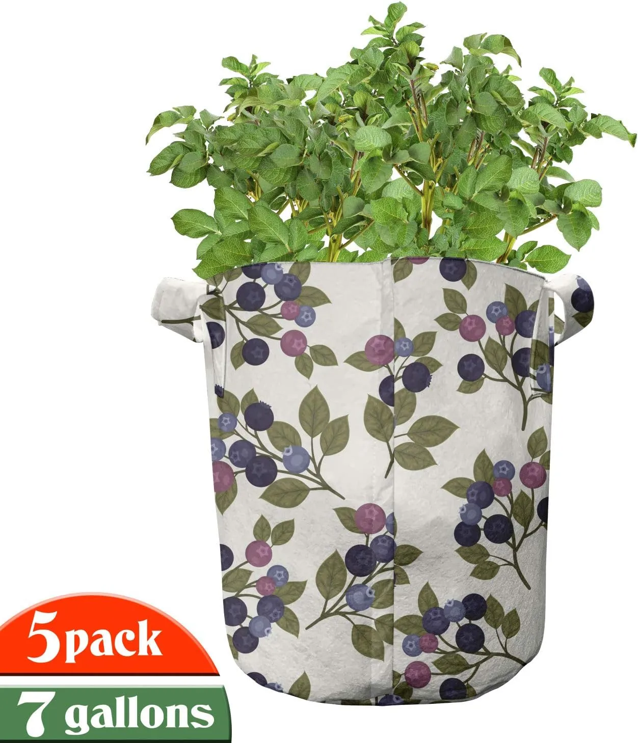 Lunarable Berries Grow Bags 5-Pack, Vintage Garden Branches, Heavyduty Fabric Pots with Handles for Plants, Ivory Purple
