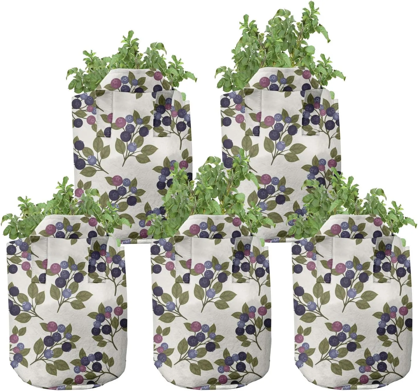 Lunarable Berries Grow Bags 5-Pack, Vintage Garden Branches, Heavyduty Fabric Pots with Handles for Plants, Ivory Purple