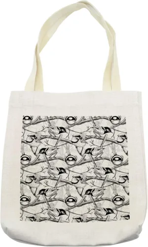 Lunarable Branches Tote Bag, Abstract Nature Composition of Little Wren Birds on Twigs Pattern, Cloth Linen Reusable Bag for Shopping Books Beach and More, 16.5" X 14", Charcoal Grey White