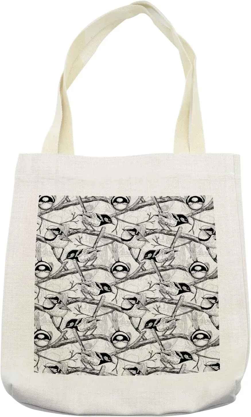 Lunarable Branches Tote Bag, Abstract Nature Composition of Little Wren Birds on Twigs Pattern, Cloth Linen Reusable Bag for Shopping Books Beach and More, 16.5" X 14", Charcoal Grey White