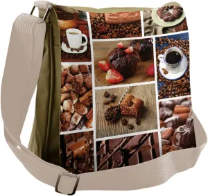 Lunarable Brown Messenger Bag, Coffee and Chocolate Collage, Unisex Cross-body