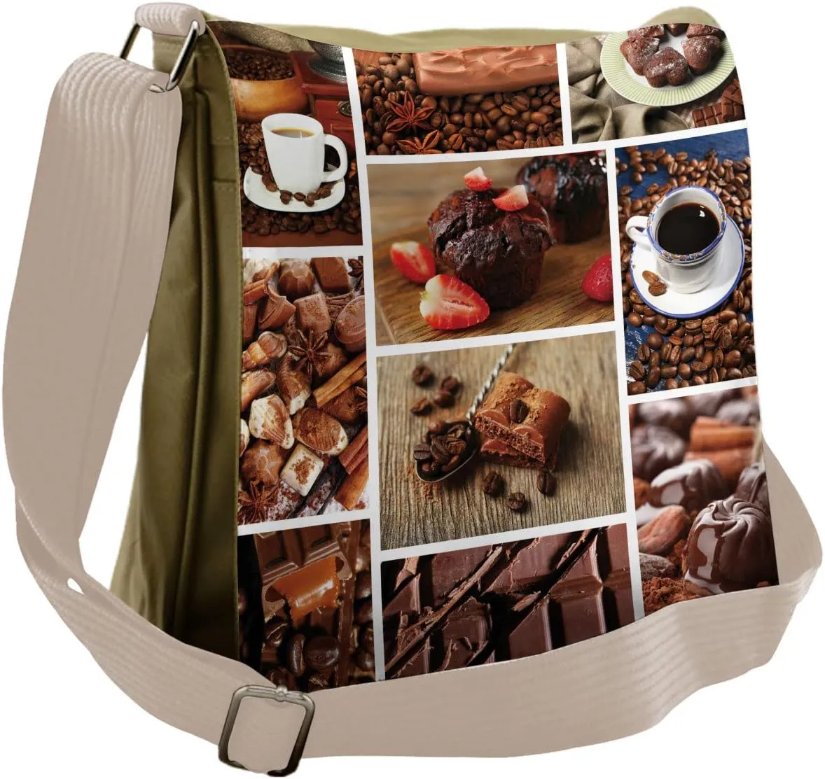 Lunarable Brown Messenger Bag, Coffee and Chocolate Collage, Unisex Cross-body