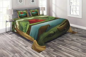 Lunarable Camping Coverlet, Idyllic Nature Scene of a Deep Forest with Lake and Mountains Cartoon Woodland, 3 Piece Decorative Quilted Bedspread Set with 2 Pillow Shams, King Size, Multicolor