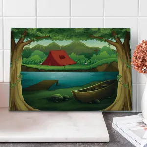 Lunarable Camping Cutting Board, Idyllic Nature Scene of a Deep Forest with Lake and Mountains Cartoon Woodland, Decorative Tempered Glass Cutting and Serving Board, Large Size, Multicolor