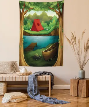 Lunarable Camping Tapestry Queen Size, Idyllic Nature Scene of a Deep Forest with Lake and Mountains Cartoon Woodland, Wall Hanging Bedspread Bed Cover Wall Decor, Queen Size, Brown Green