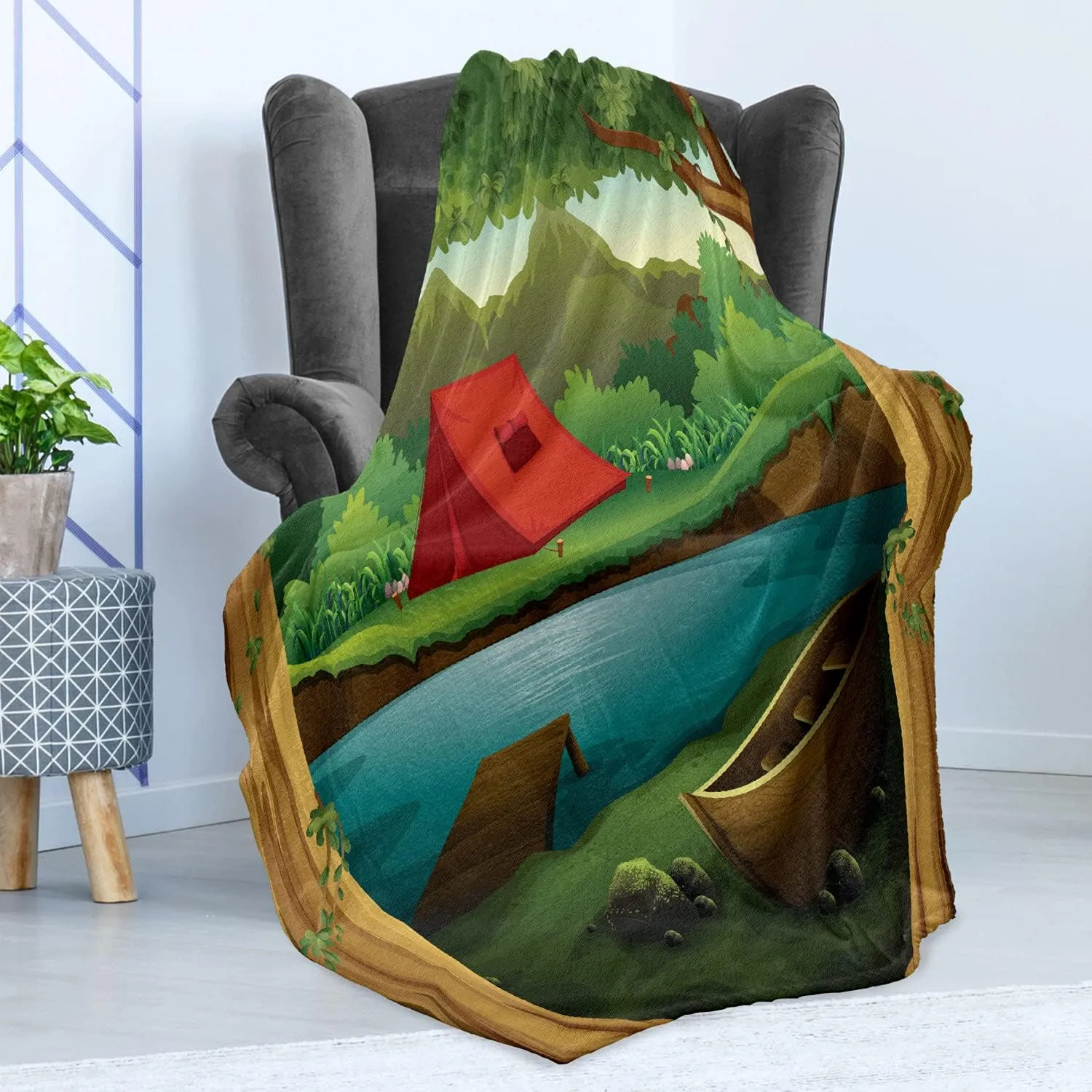 Lunarable Camping Throw Blanket, Idyllic Nature Scene of a Deep Forest with Lake and Mountains Cartoon Woodland, Flannel Fleece Accent Piece Soft Couch Cover for Adults, 60" x 80", Multicolor