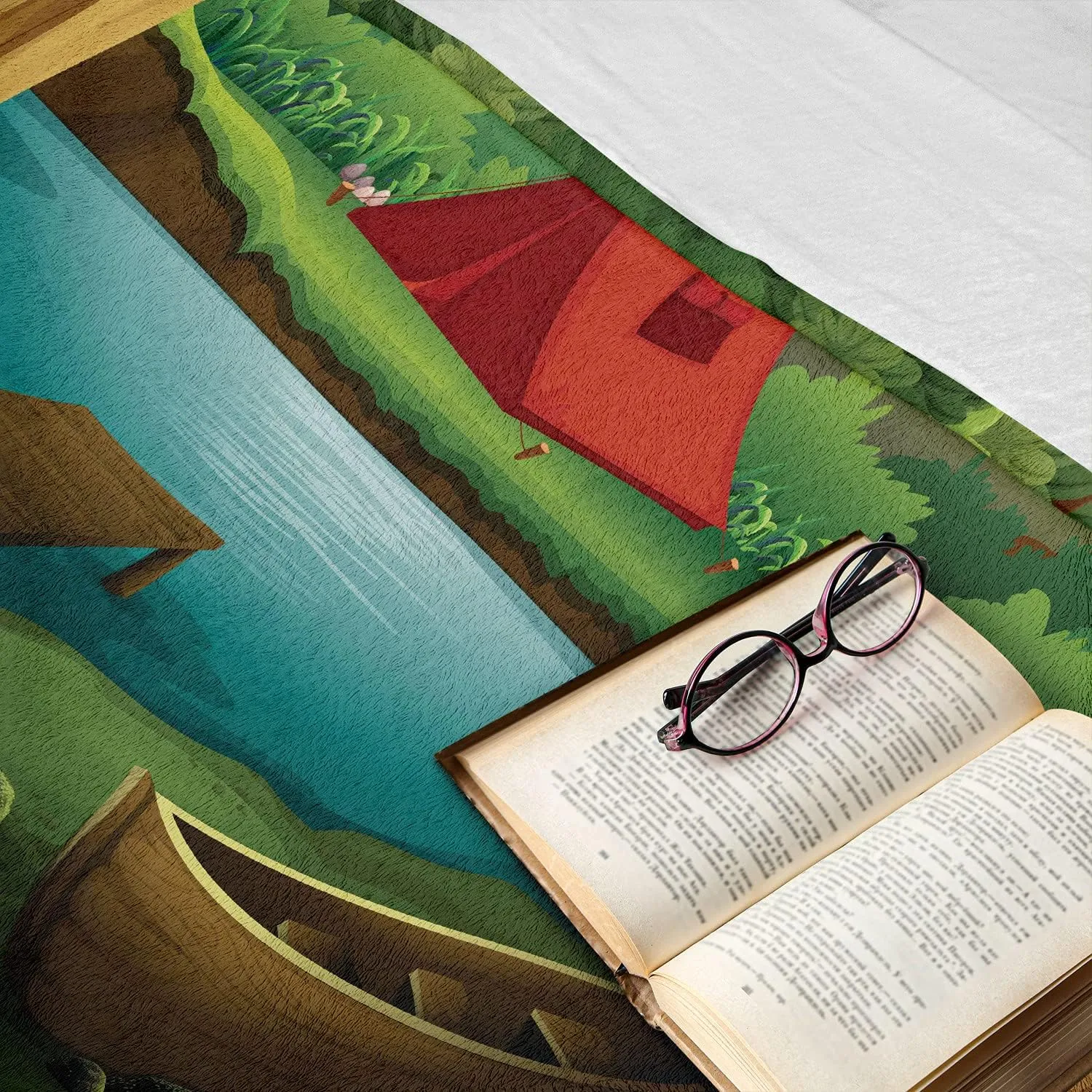 Lunarable Camping Throw Blanket, Idyllic Nature Scene of a Deep Forest with Lake and Mountains Cartoon Woodland, Flannel Fleece Accent Piece Soft Couch Cover for Adults, 60" x 80", Multicolor
