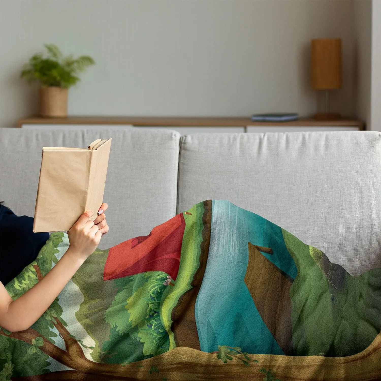 Lunarable Camping Throw Blanket, Idyllic Nature Scene of a Deep Forest with Lake and Mountains Cartoon Woodland, Flannel Fleece Accent Piece Soft Couch Cover for Adults, 60" x 80", Multicolor