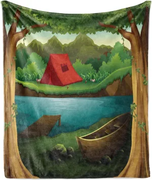 Lunarable Camping Throw Blanket, Idyllic Nature Scene of a Deep Forest with Lake and Mountains Cartoon Woodland, Flannel Fleece Accent Piece Soft Couch Cover for Adults, 60" x 80", Multicolor