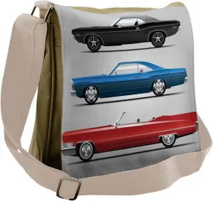 Lunarable Cars Messenger Bag, Vintage Automobiles on Grey, Unisex Cross-body
