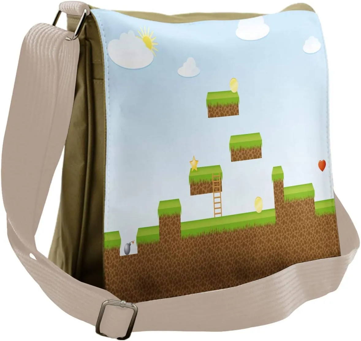 Lunarable Cartoon Messenger Bag, Pixel Landscape Arcade, Unisex Cross-body