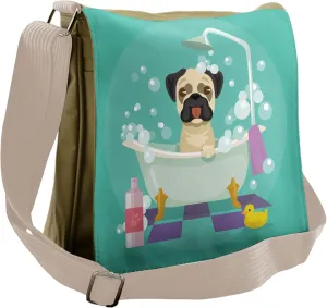 Lunarable Cartoon Messenger Bag, Pug Dog Playing in Bath, Unisex Cross-body