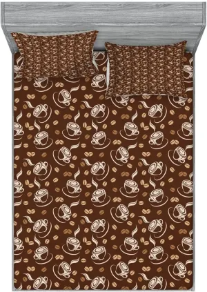 Lunarable Coffee 2 Pack Fitted Sheet & Pillow Sham Set, Fresh Filter Drink and Cups, 4 Pcs Bedding Decor, Package Contains 2 Queen Size Fitted Sheets & 4 Pillow Covers, Brown Pale Brown Beige