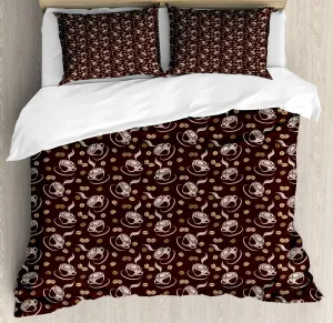 Lunarable Coffee Duvet Cover Set, Silhouette of Cups and Beans on Abstract Background Fresh Filter Coffee, Decorative 3 Piece Bedding Set with 2 Pillow Shams, Queen Size, Brown Pale Brown Beige