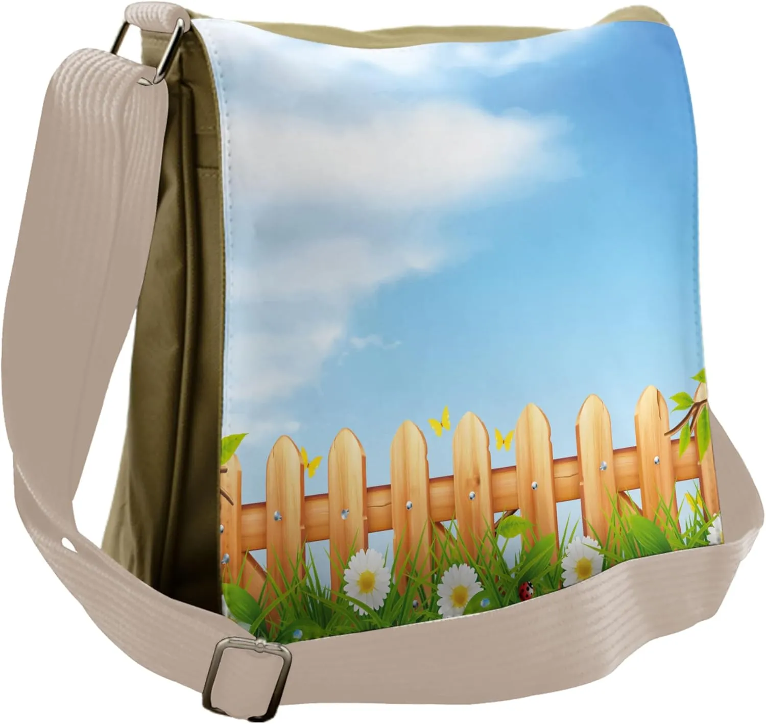 Lunarable Farmland Messenger Bag, Daisies Ladybugs on Fence, Unisex Cross-body