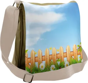 Lunarable Farmland Messenger Bag, Daisies Ladybugs on Fence, Unisex Cross-body