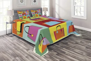 Lunarable Fashion Coverlet, Pop Art Style Flat Design Woman Handbag and Purse Composition with Colorful Tiles, 3 Piece Decorative Quilted Bedspread Set with 2 Pillow Shams, King Size, Multicolor