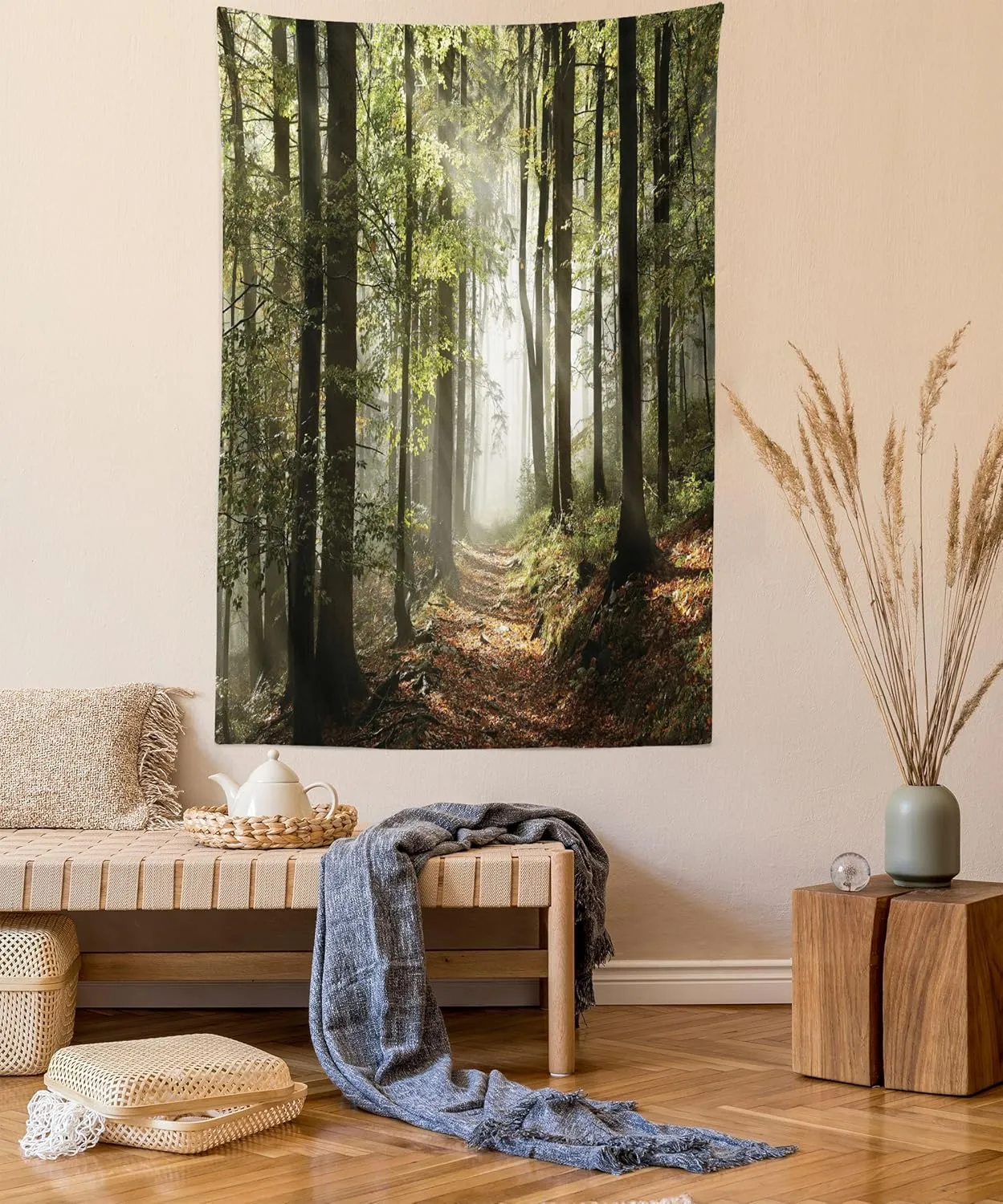 Lunarable Forest Tapestry, Autumnal Woodland Pathway Mountains Mist in The Distance Wilderness Scene, Fabric Wall Hanging Decor for Bedroom Living Room Dorm, 23" X 28", Green Brown