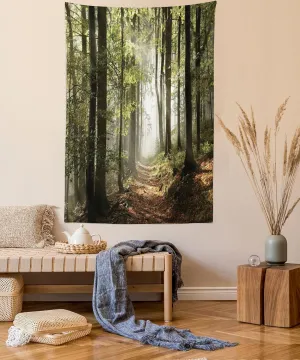 Lunarable Forest Tapestry Queen Size, Autumnal Woodland Pathway Mountains Mist in The Distance Wilderness Scene, Wall Hanging Bedspread Bed Cover Wall Decor, Queen Size, Green Brown
