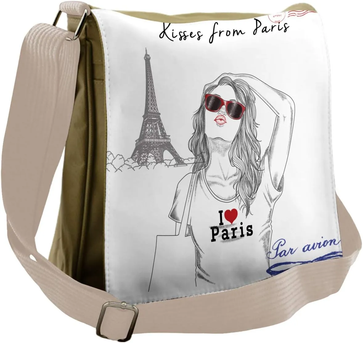 Lunarable France Messenger Bag, Kisses from Paris Tourism, Unisex Cross-body