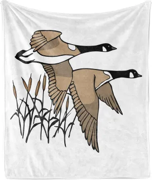 Lunarable Goose Throw Blanket, Nature Migration Animal Themed Canadian Geese Flying Over Twigs Branches, Flannel Fleece Accent Piece Soft Couch Cover for Adults, 50" x 70", White Almond Dark Grey