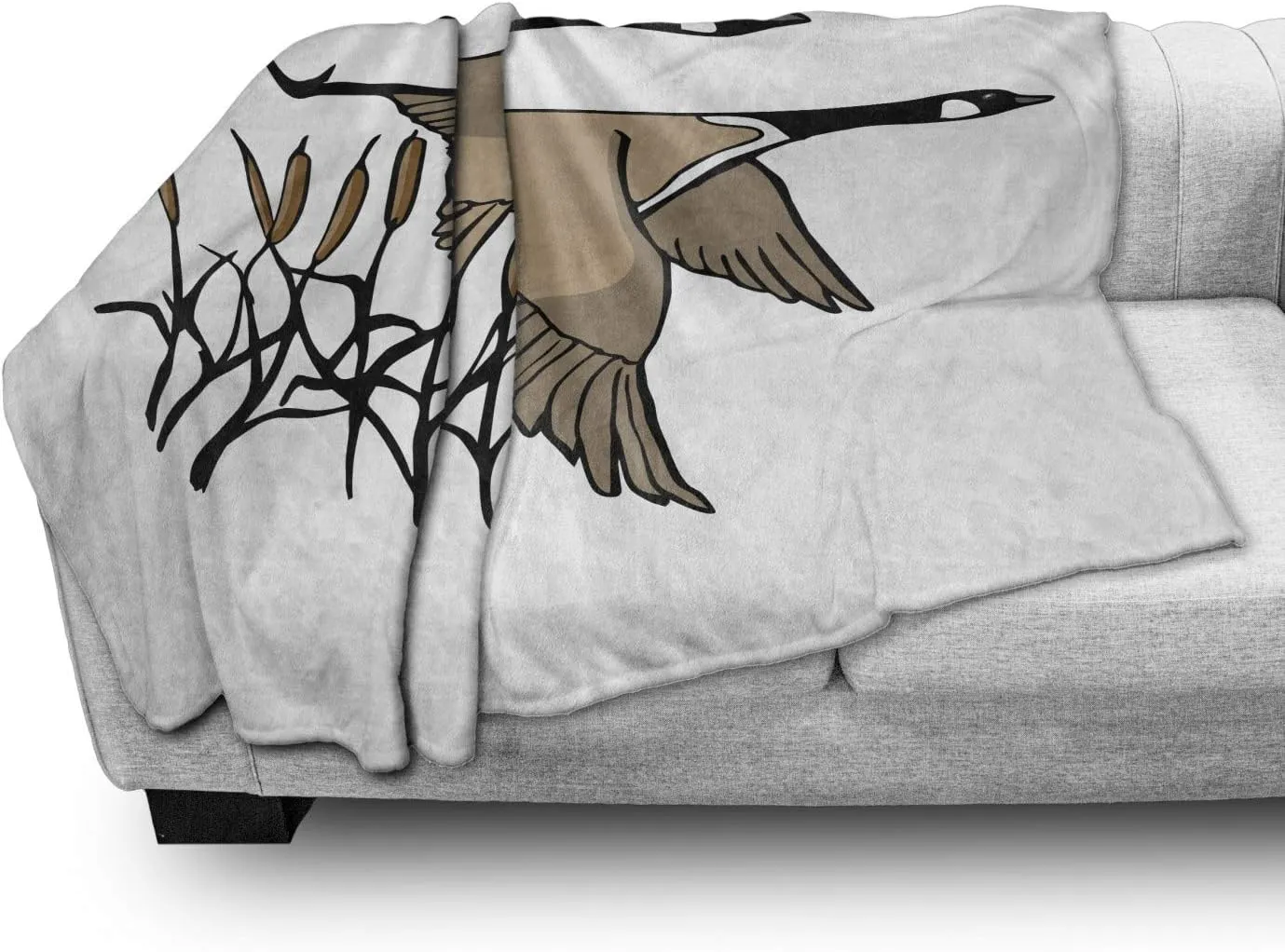 Lunarable Goose Throw Blanket, Nature Migration Animal Themed Canadian Geese Flying Over Twigs Branches, Flannel Fleece Accent Piece Soft Couch Cover for Adults, 50" x 70", White Almond Dark Grey