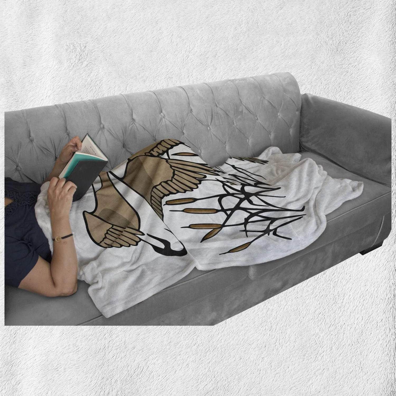 Lunarable Goose Throw Blanket, Nature Migration Animal Themed Canadian Geese Flying Over Twigs Branches, Flannel Fleece Accent Piece Soft Couch Cover for Adults, 50" x 70", White Almond Dark Grey